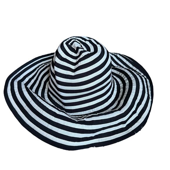 San Francisco Ribbon Bon Bon Sun Hat Cream Black Striped Wide Brim - Picture 7 of 7